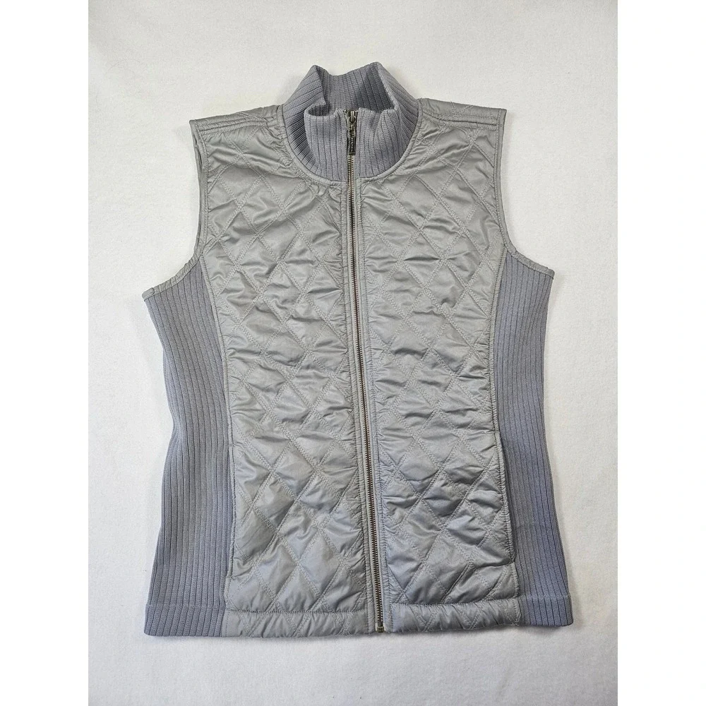 Prana Womens Quilted Vest Grey Silver Full Zip Sherpa Lined Ribbed Knit Large